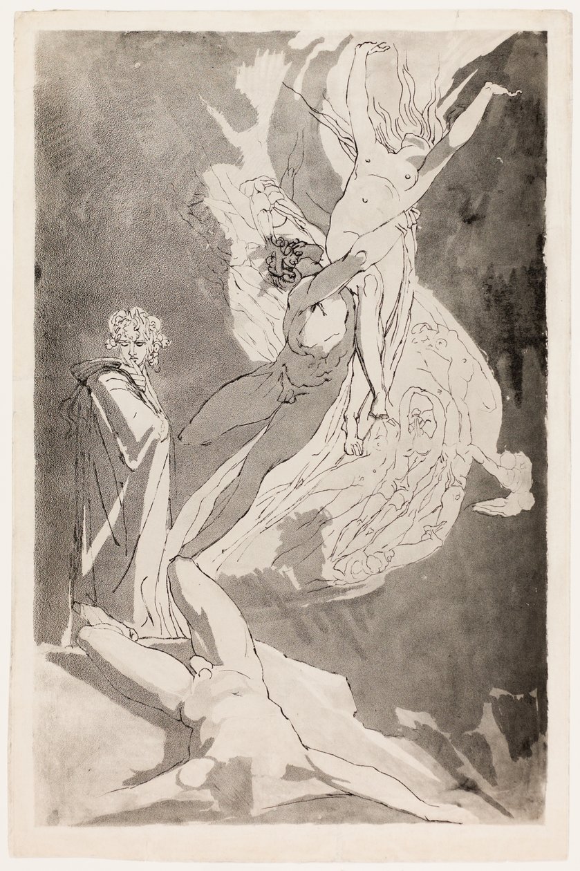 Dante pyörtyy Paolon ja Francescan, Virgiluksen huimien sielujen edessä tekijältä Johann Heinrich Füssli