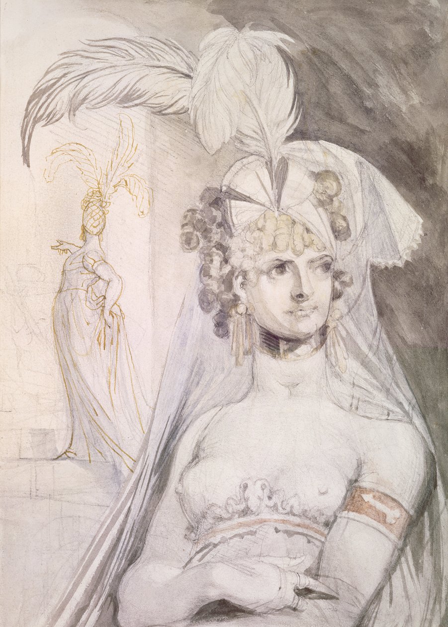 Puolikas kurtisaani, höyhenet, rusetti ja hunnu hiuksissaan, 1800-10 (kynä, wc ja muste paperille) tekijältä Johann Heinrich Füssli