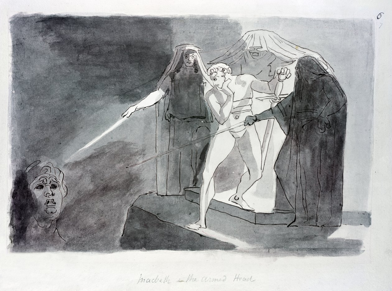 Macbeth ja aseistettu pää (kynä ja pese paperille) tekijältä Johann Heinrich Füssli