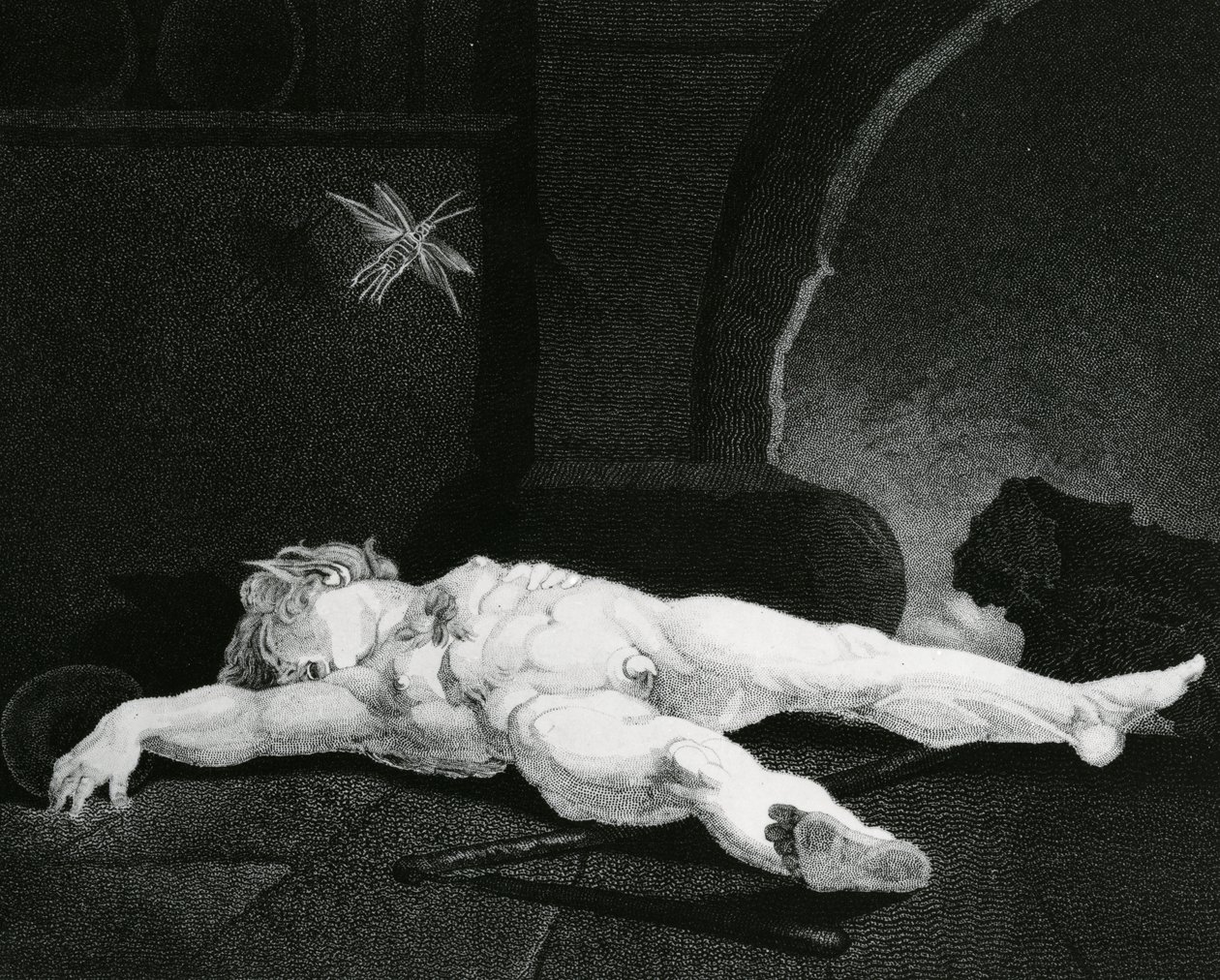 Kiekko nukkuu unessa maalaistalon edessä, kaiverrus Moses Haughton Jr. tekijältä Johann Heinrich Füssli