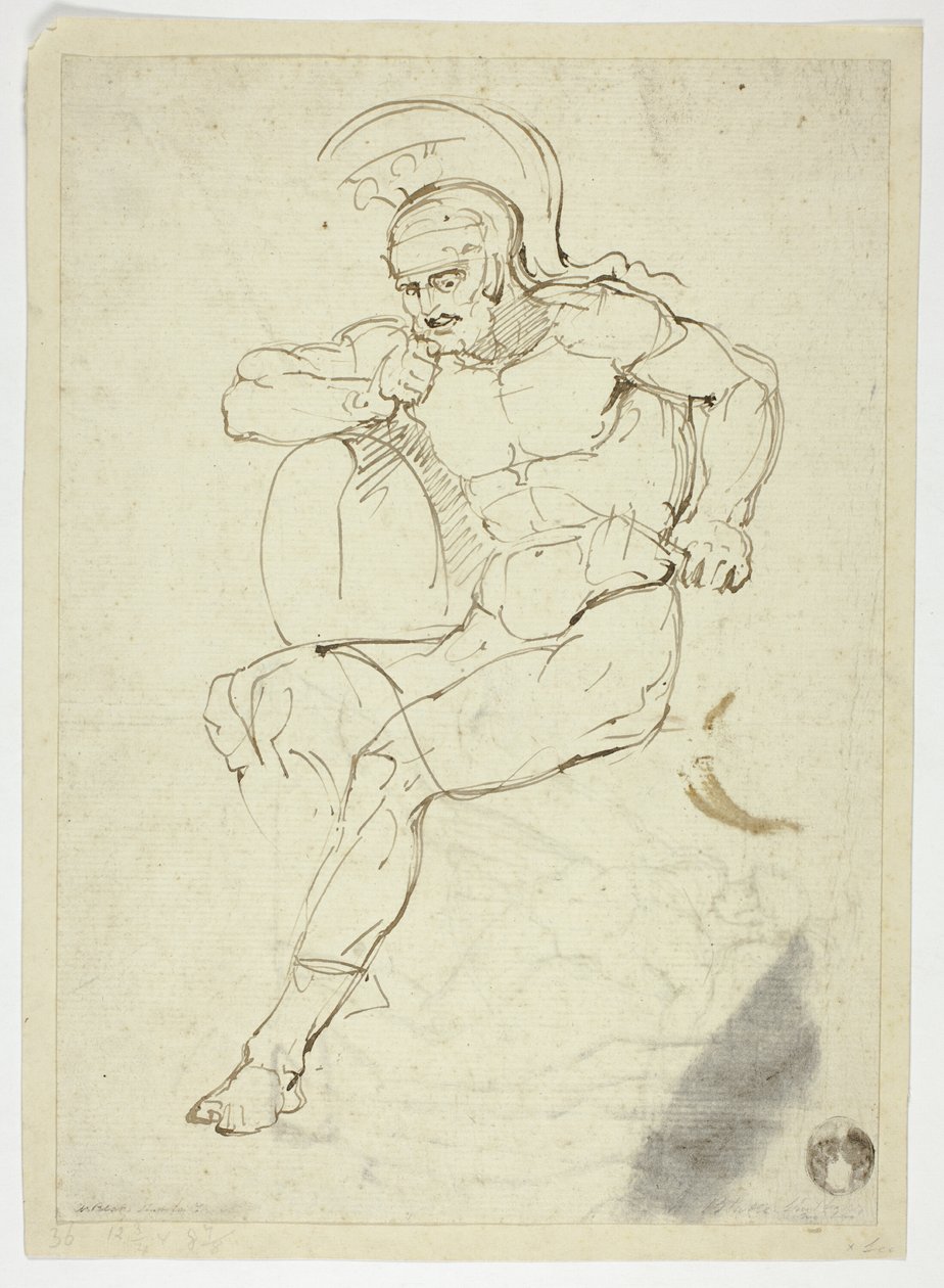 Istuva soturi (etusivu); istuva soturi (kääntöpuoli). tekijältä Henry Fuseli