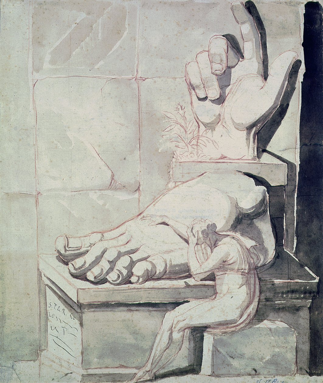Taiteilija epätoivossa antiikkifragmenttien suuruudesta (Konstantinuksen kolossin oikea käsi ja vasen jalka) 177880 (punainen liitu ja seepiapesu paperilla) tekijältä Johann Heinrich Füssli