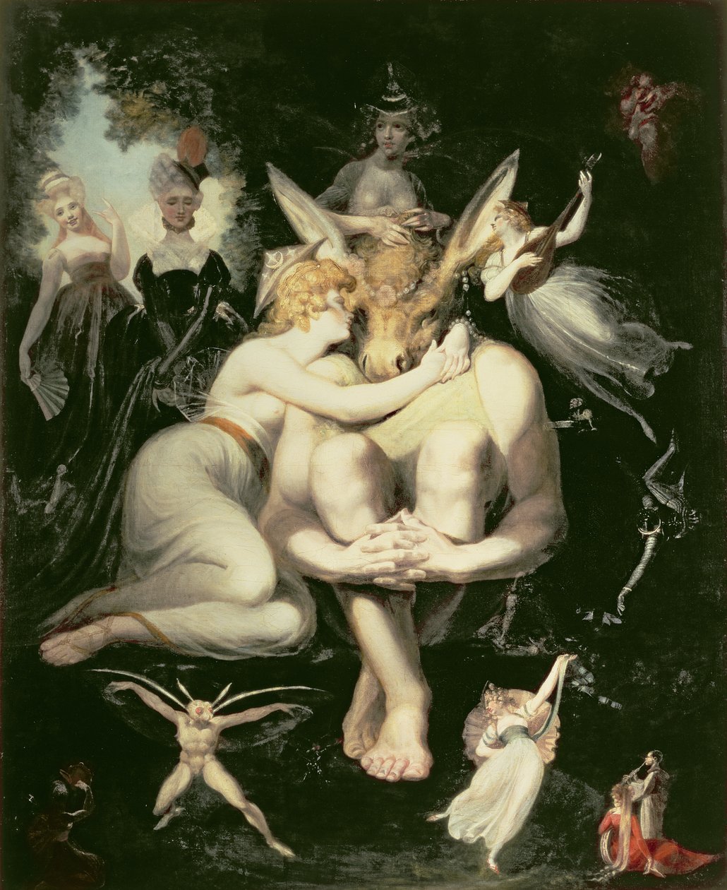 Titania herää, keijujen ympäröimänä, joka takertuu kiihkeästi Pohjaan, edelleen päässään aasin pää, 1793-4 tekijältä Johann Heinrich Füssli