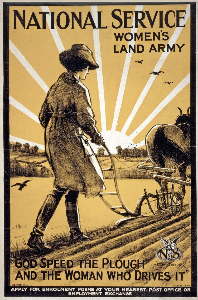 Kansallisen palvelun naisten maa-armeija, Jumala nopeuttaa auraa ja nainen, joka ajaa sitä, pubi. Lontoo, noin 1917 tekijältä Henry George Gawthorn