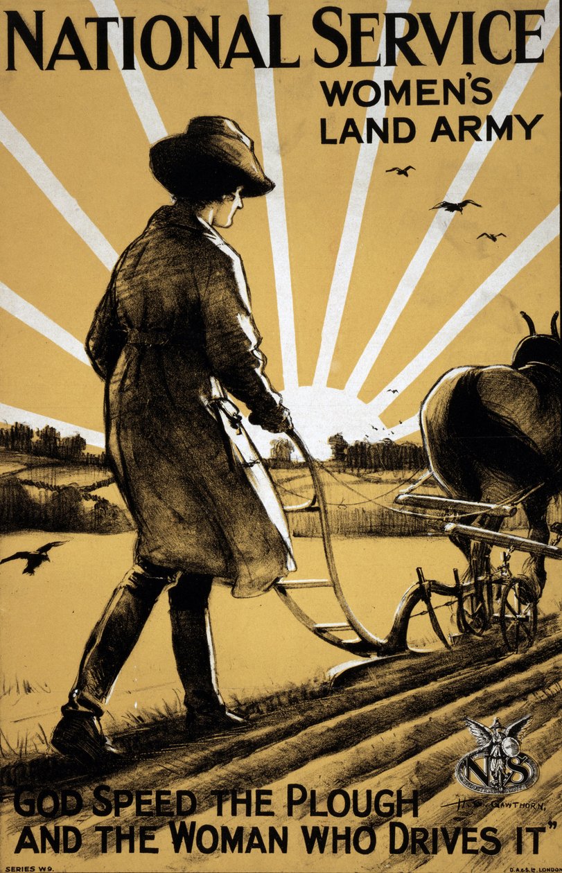 Ensimmäinen maailmansota: "Nuori nainen kyntämässä maata" -propagandajuliste naisten maa-armeijalle 1917 Henry George Gawthorn (1879-1941) DR. tekijältä Henry George Gawthorn