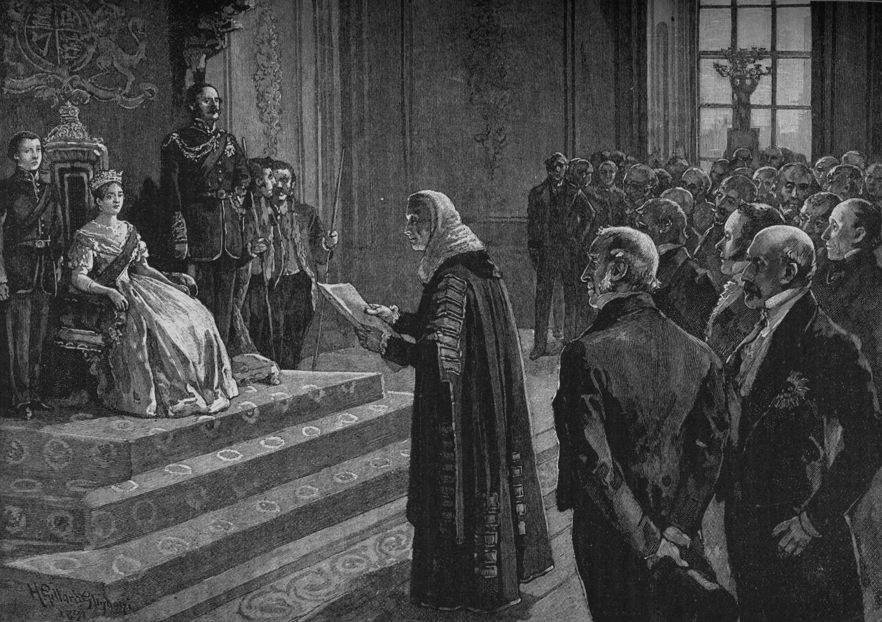 Toverit ja yhteiset pitävät isänmaallisen puheen kuningattarelle Krimin sodan aattona, 1891 tekijältä Henry Gillard Glindoni