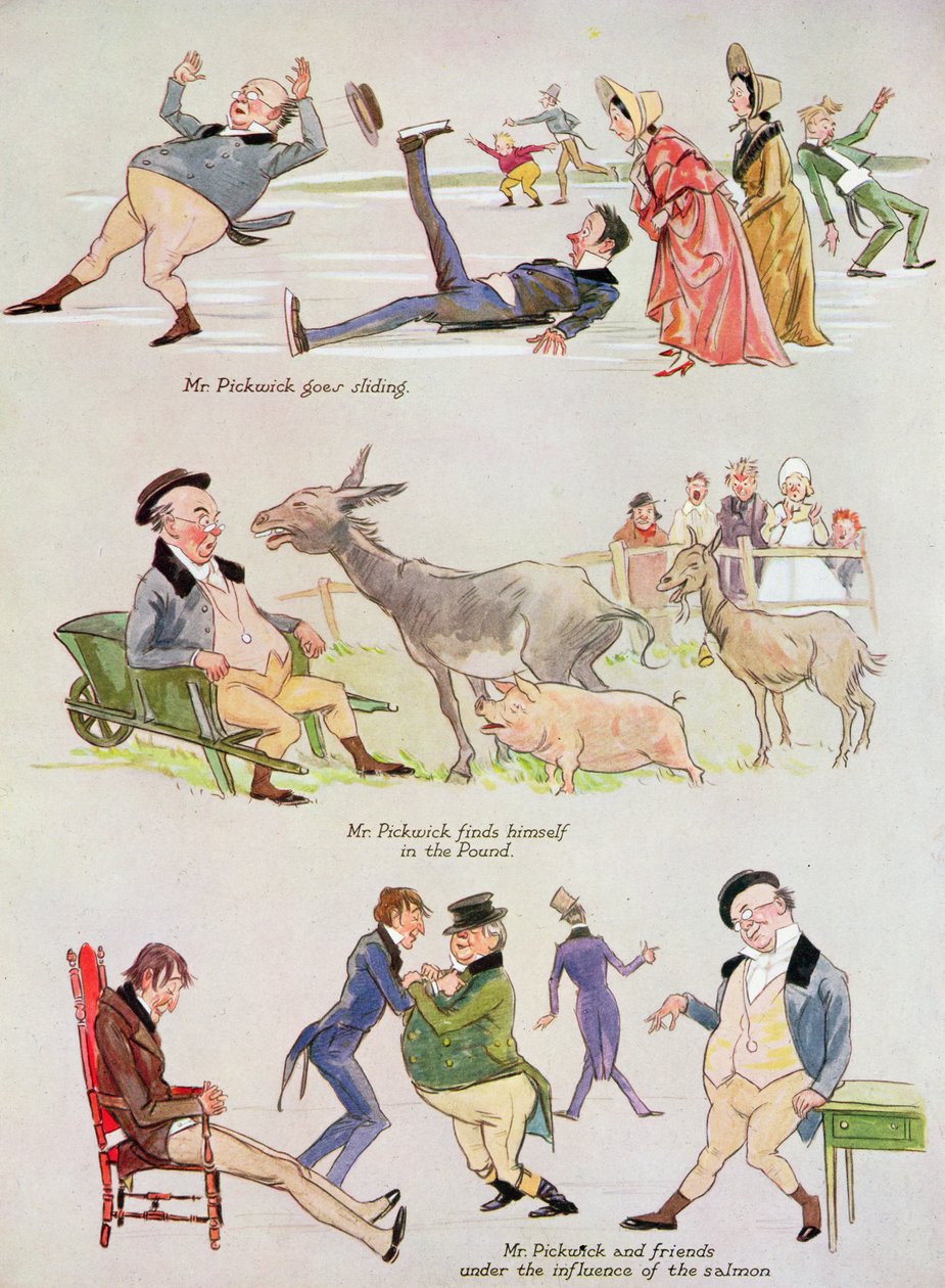 Sarjakuvat herra Pickwickistä Holly Leavesistä, Kuvitetun urheilu- ja dramaattisten uutisten joulunumero, 1934 (värilitografia) tekijältä Henry Harris