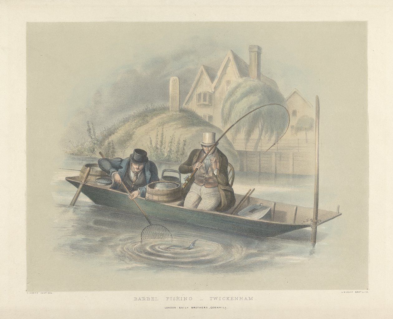 Barbel Fishing, Twickenham, kuuden kuvan sarjasta Anglingista (käsinvärinen lito) tekijältä Henry Heath