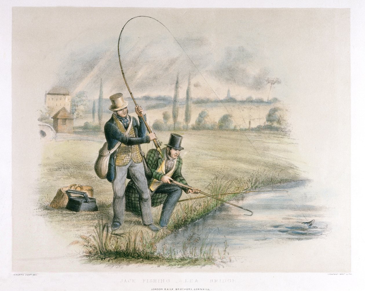 Jack Fishing, Lea Bridge, kuuden kuvan sarjasta "Angling" (käsinvärinen lito) tekijältä Henry Heath