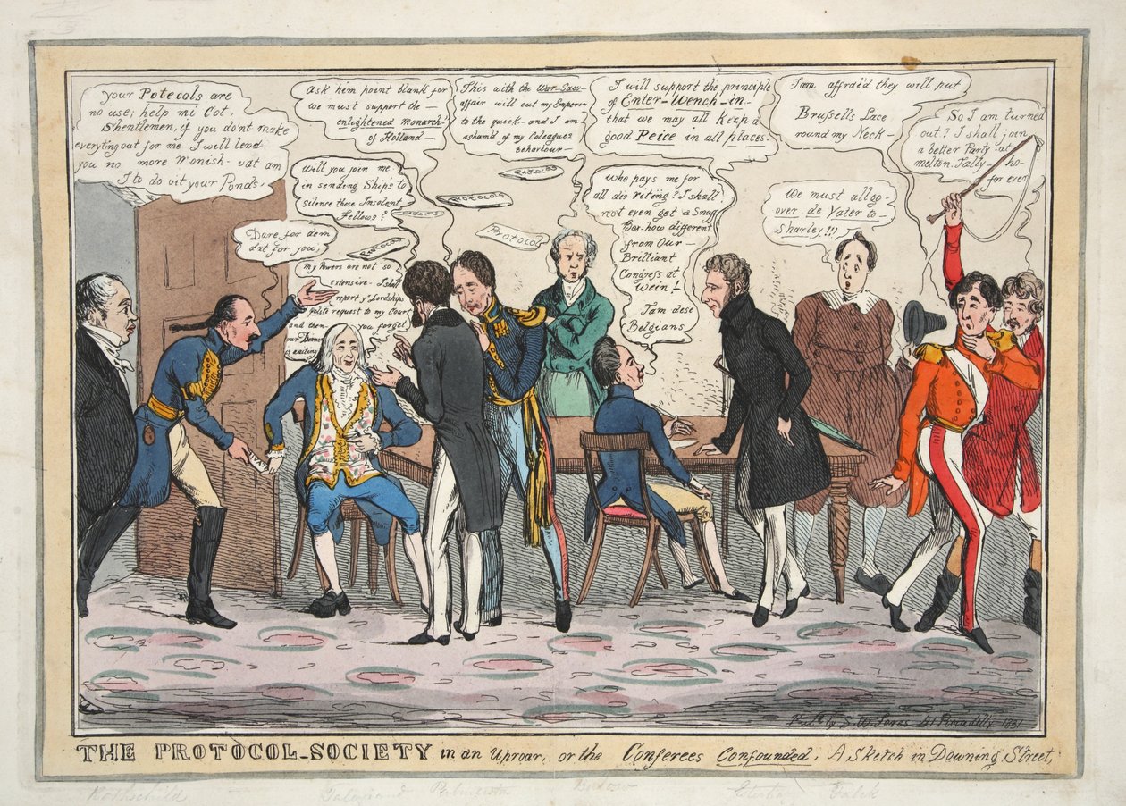 Pöytäkirjayhteiskunta hälinässä tai konferenssin osallistujat hämmentyneet. Sketch Downing Streetissä, pubissa. 1831 (käsinvärinen kaiverrus) tekijältä Henry Heath