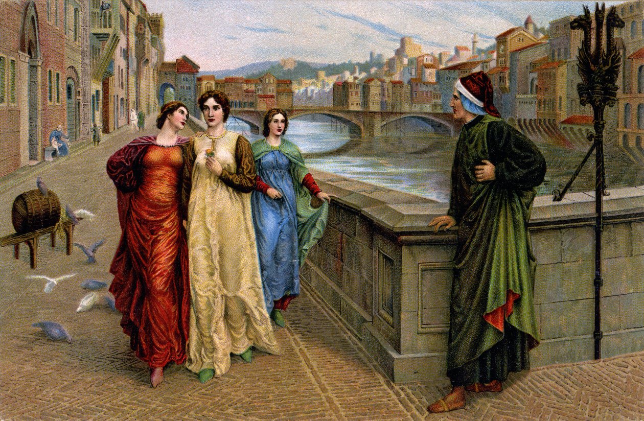 Dante Alighieri tapaamassa muusaansa Beatrice Portinaria Firenzessä, noin 1890 (vedos). tekijältä Henry Holiday