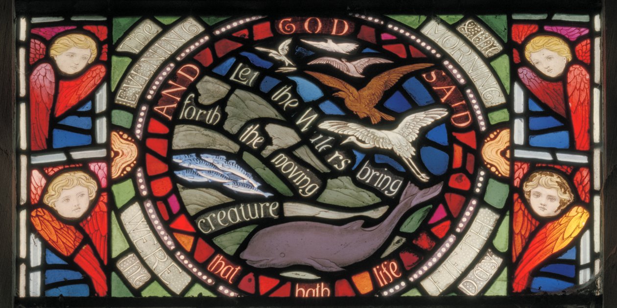 Let The Waters Bringing Forth, Benedicite ikkunan yksityiskohta, noin 1895 (lasimaalauksia). tekijältä Henry Holiday