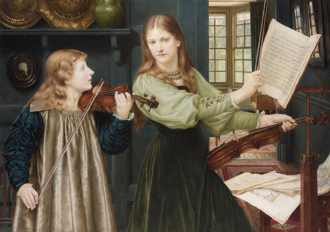 Prerafaeliittisia maalauksia: Duet pari Holiday, Henry (1839-1927). Vesiväri pahville, 78x108. Yksityinen kokoelma tekijältä Henry Holiday