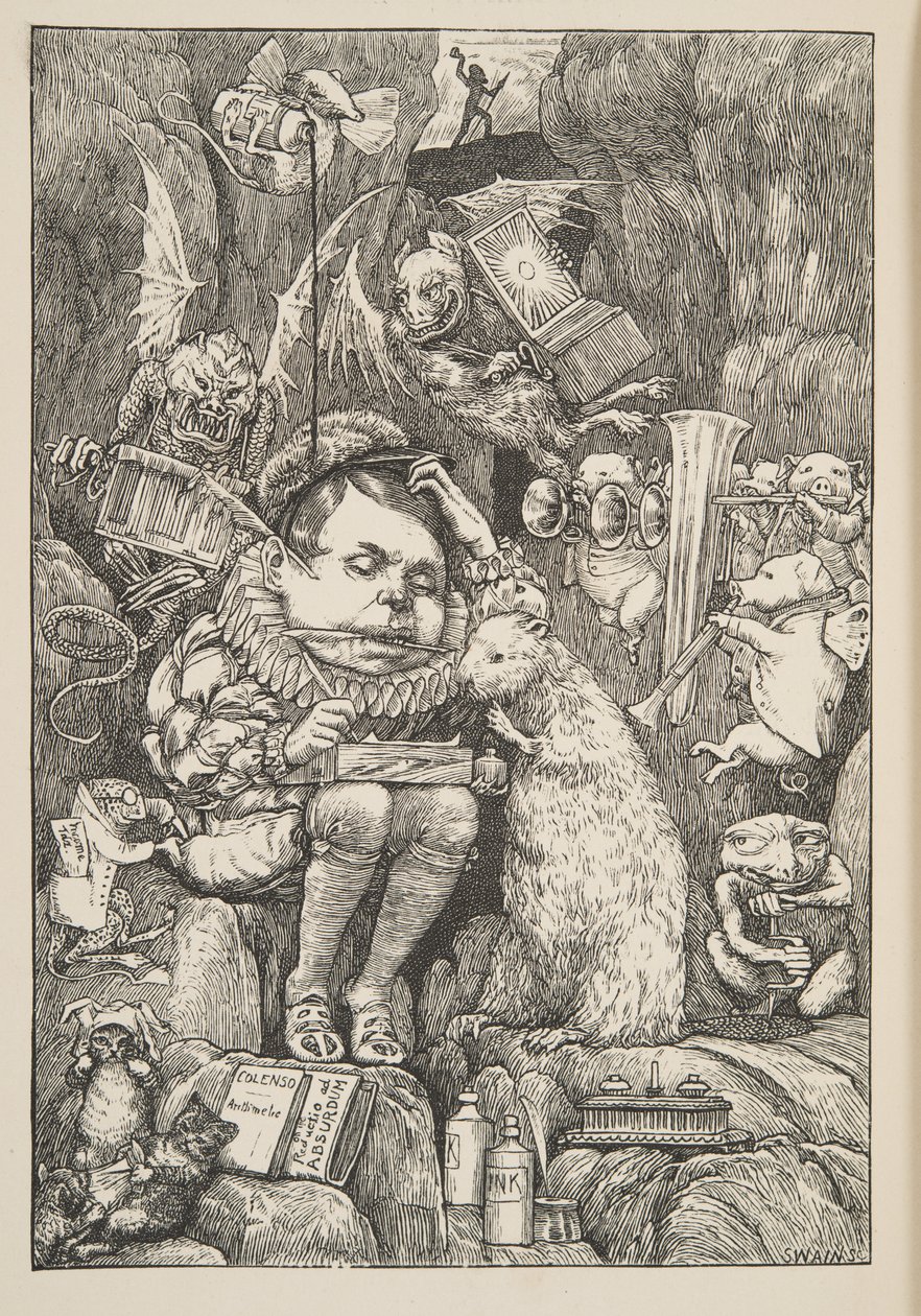 Majava toi paperia, portfoliota ja kyniä Lewis Carrollin pubista The Hunting of the Snark, An Agony in Eight Fits. 1876 tekijältä Henry Holiday