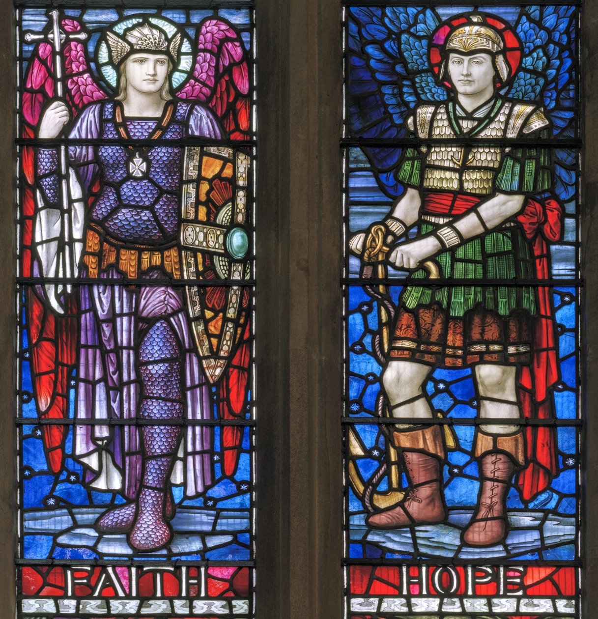 Yeovil, St John The Baptist, Lowndes & Drury, Henry Holiday, Faith & Hope, 1917-18 tekijältä Henry Holiday
