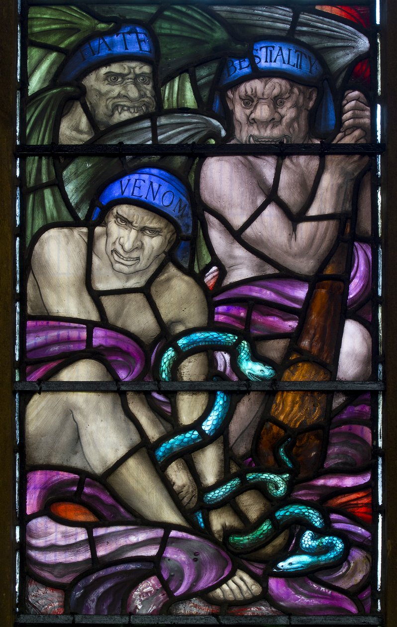 Yeovil, St John The Baptist, Lowndes & Drury, Henry Holiday, Viha, eläimellisyys ja Venom, 1917-18 tekijältä Henry Holiday