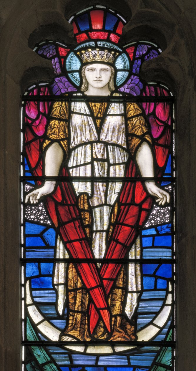 Yeovil, St John The Baptist, Lowndes & Drury, Henry Holiday, Voiton enkeli, 1917-1818 tekijältä Henry Holiday