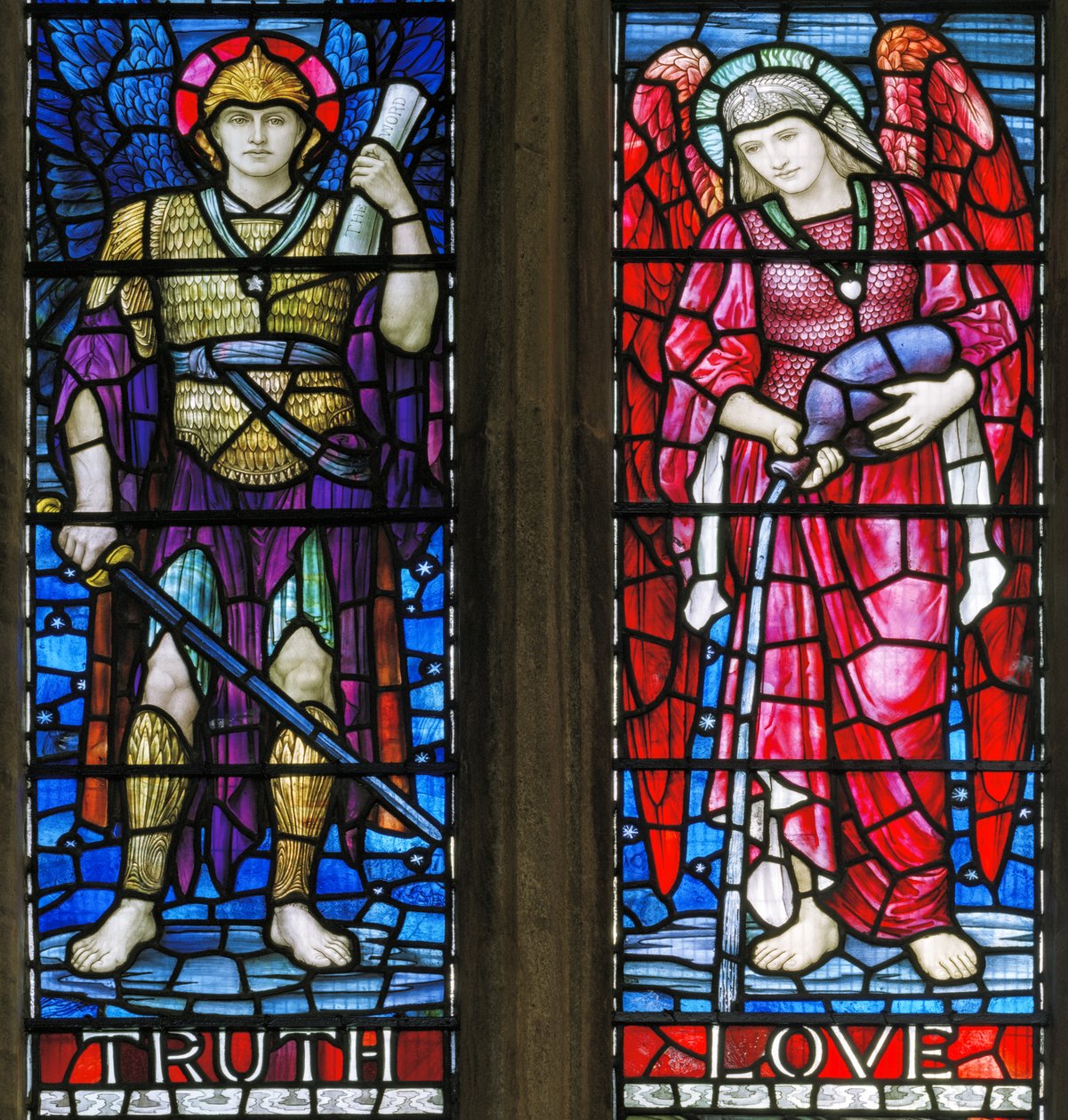 Yeovil, St John The Baptist, Lowndes & Drury, Henry Holiday, Totuus ja rakkaus, 1917-18 tekijältä Henry Holiday