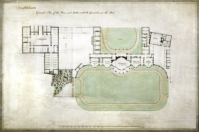 Brighthelmstone tai Brighton Pavilion - talon ja tallin yleissuunnitelma tonttineen, jossa on arkkitehti Henry Hollandin (1745-1806) laajennus, n. 1801 (akvarelli paperille) tekijältä Henry Holland
