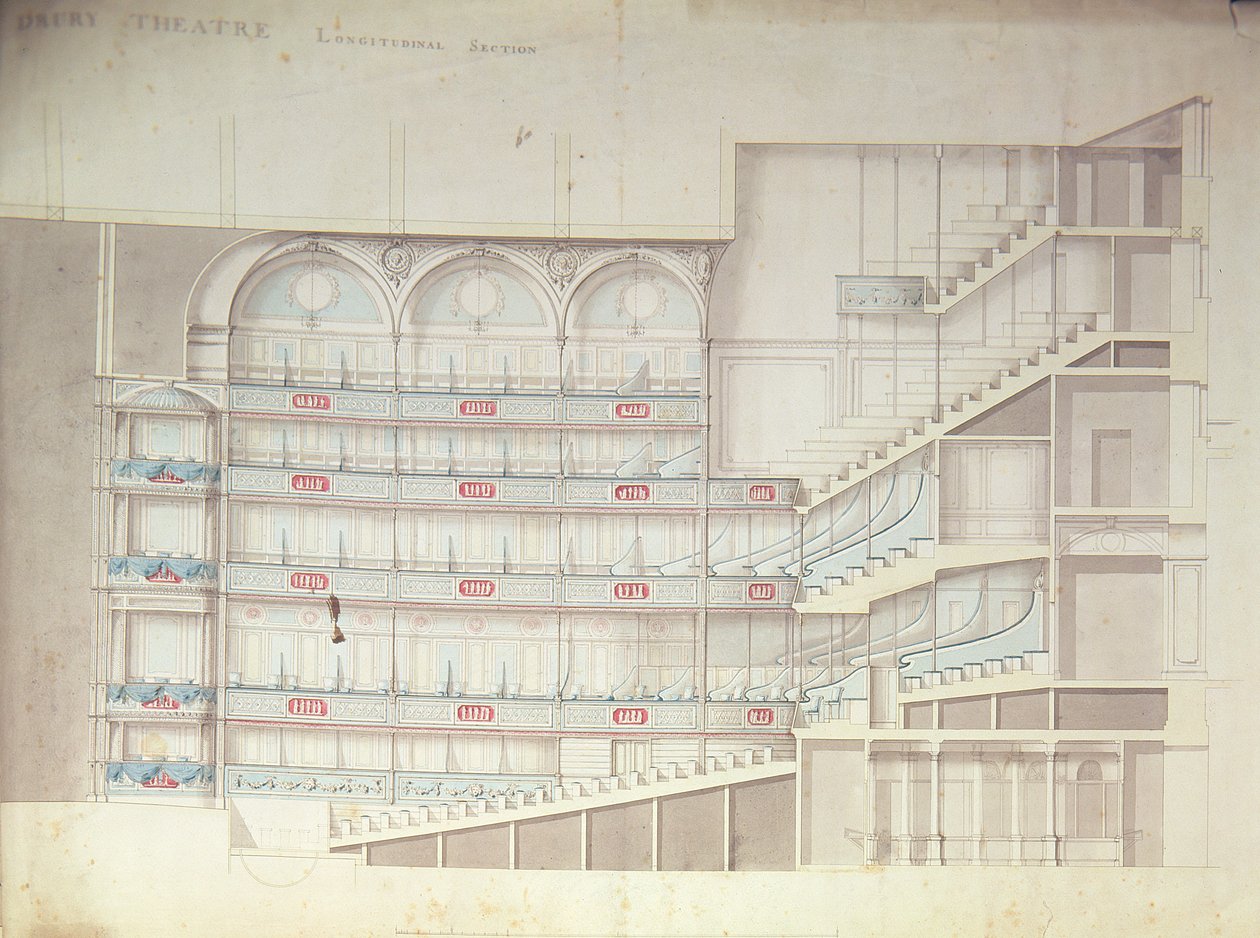 Drury Lane -teatteri, sisätilojen leikkauspiirustus tekijältä Henry Holland