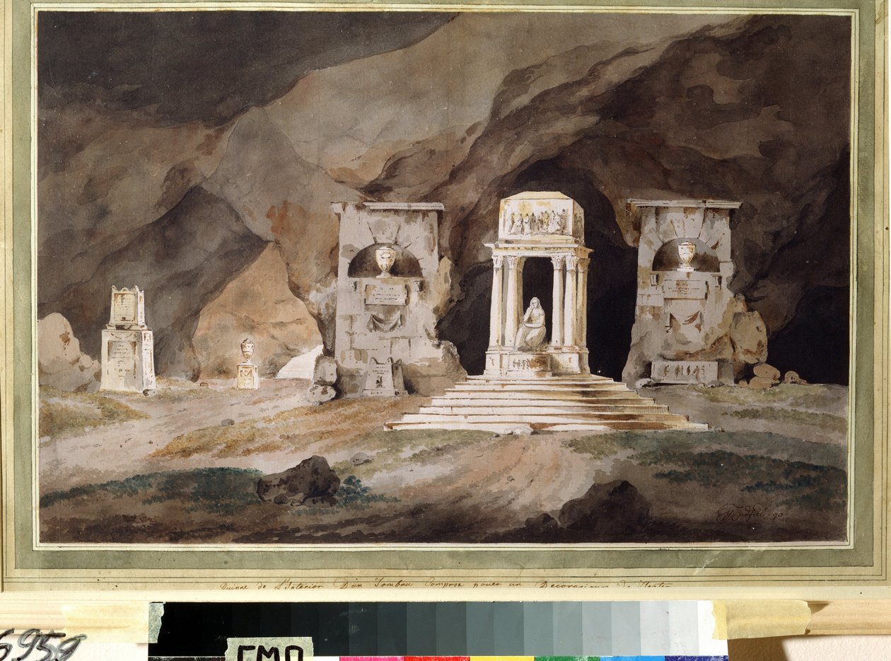 ""Hautausmaa"" (Vanha hautausmaa) Henry Hudfieldin vesiväreillä piirtämä teatterisisustus (1700-luku) 1790 Museum Palace Theatre Ostankino, Moskova tekijältä Henry Hudfield