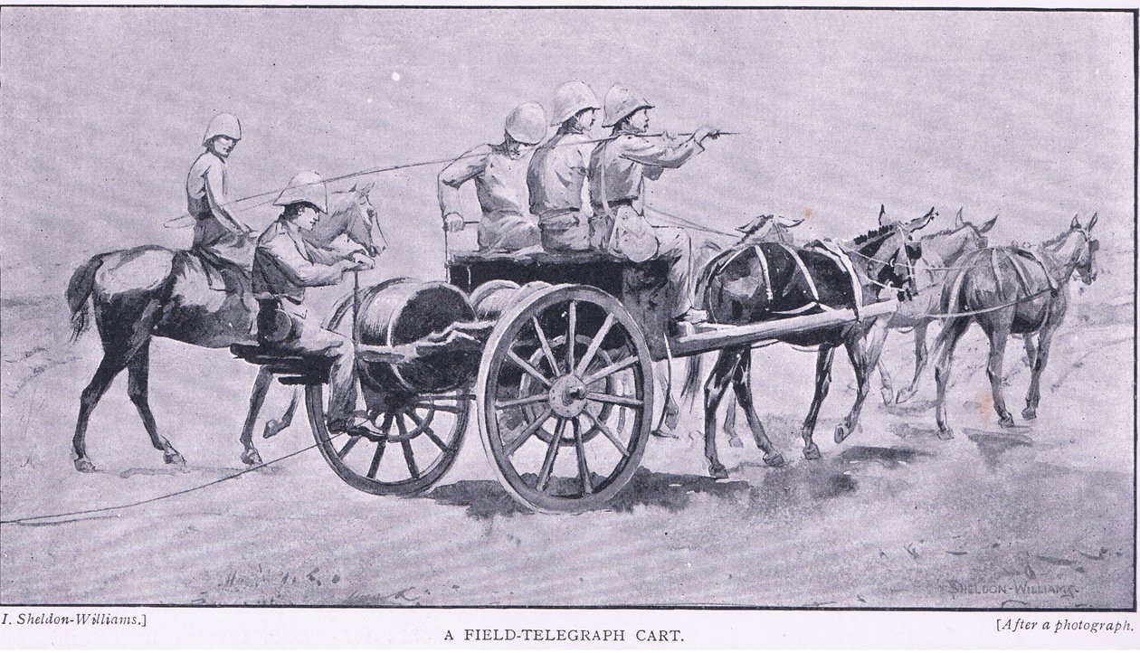 Kenttätelegrafiakärry, teoksesta After Pretoria: The Guerilla War, jonka on julkaissut Harmsworth Bros Limited, 1901. tekijältä Henry Inglis Jodrel Sheldon Williams