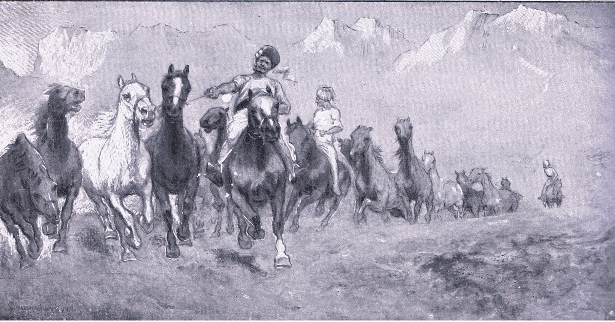 Intialaiset kolistit viemässä ratsuja Stellens boschiin, teoksesta After Pretoria: The Guerilla War, jonka on julkaissut Harmsworth Bros Limited, 1901. tekijältä Henry Inglis Jodrel Sheldon Williams