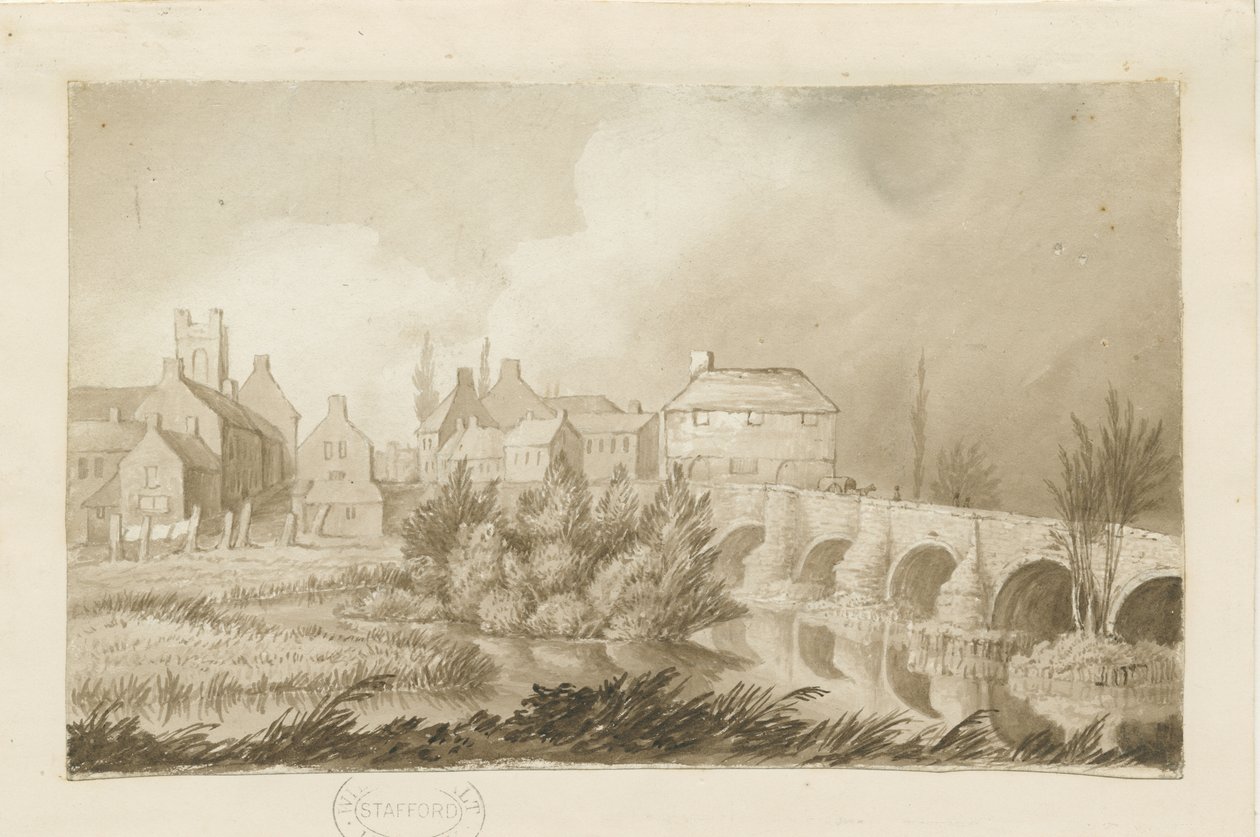 Burton-upon-Trent Bridge and Town: seepiapiirros, nd [c 1840] tekijältä Henry James Noyes