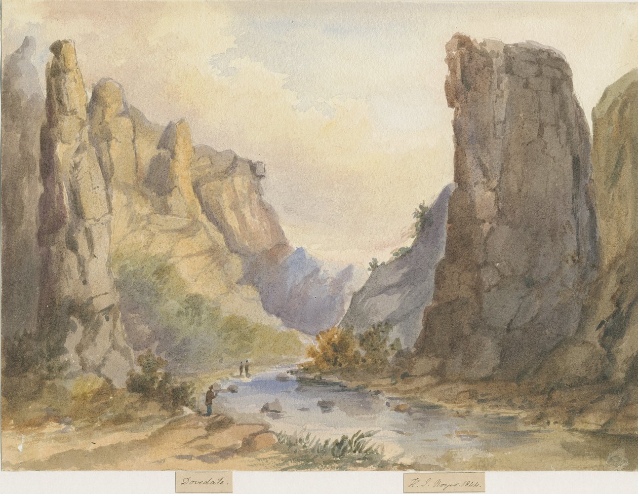 Dovedale - maisema: akvarellimaalaus, 1844 tekijältä Henry James Noyes