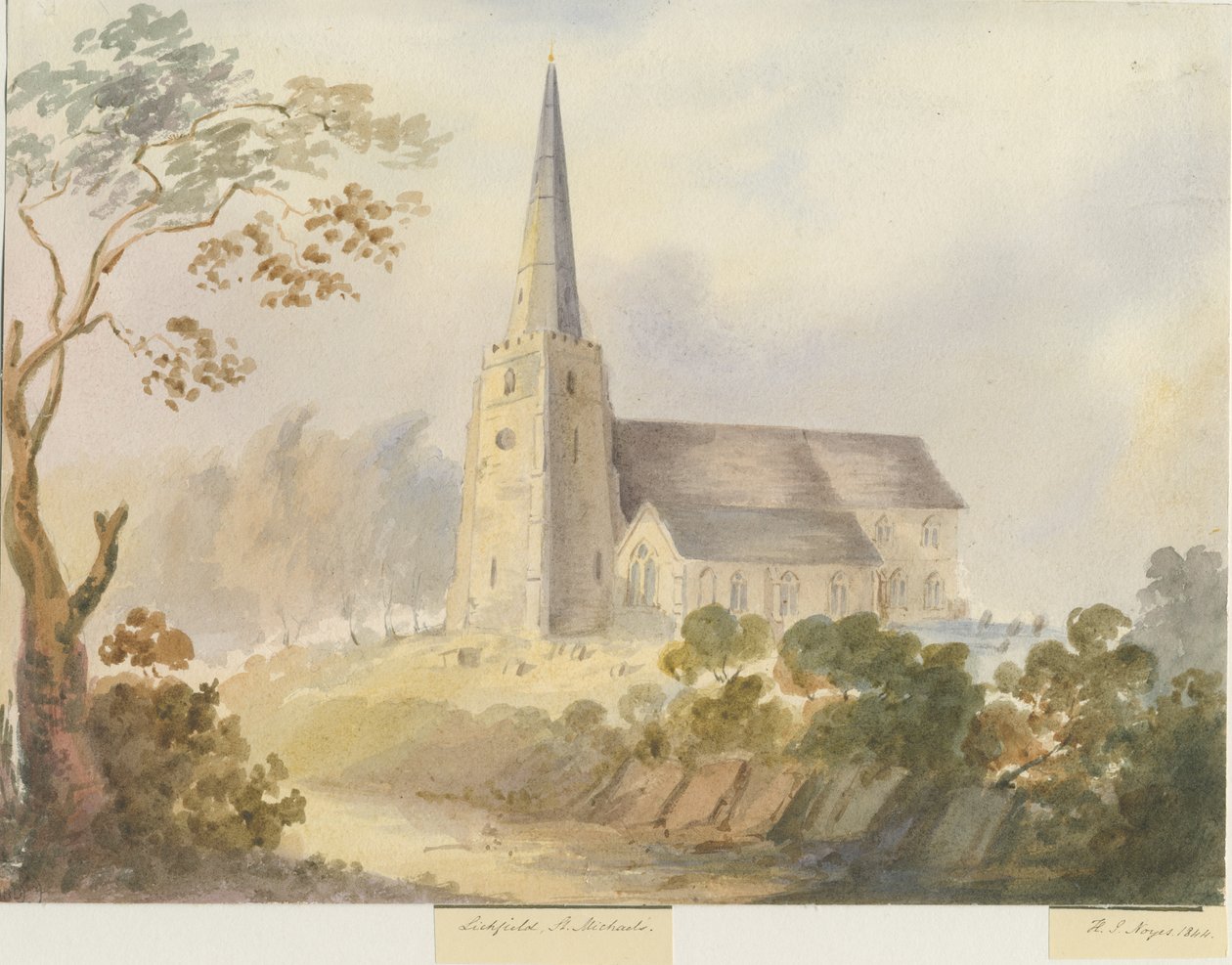 Lichfield - Pyhän Mikaelin kirkko: akvarellimaalaus tekijältä Henry James Noyes