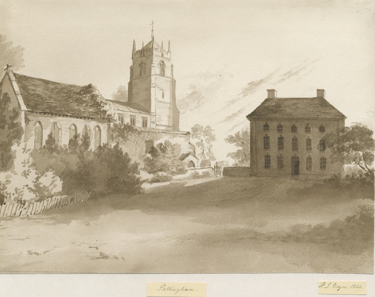 Pattinghamin kirkko ja pappilatalo: seepiapesupiirros, 1844 tekijältä Henry James Noyes