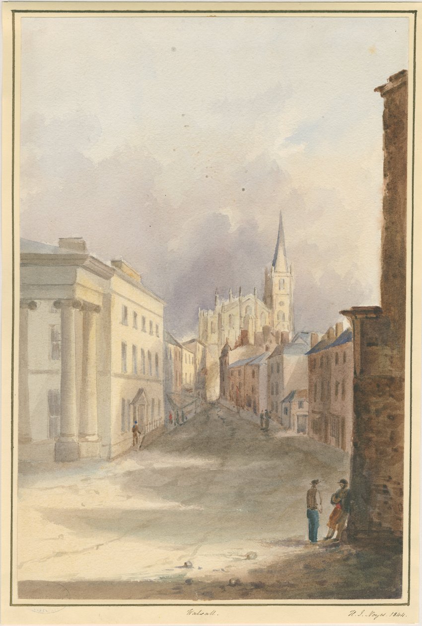 Walsallin kaupunki ja kirkko: akvarellimaalaus, 1844 tekijältä Henry James Noyes