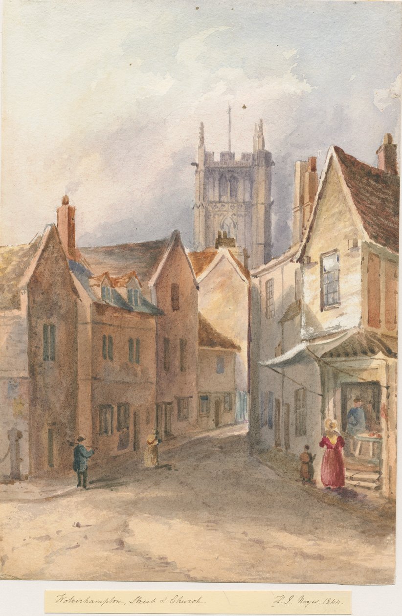 Wolverhampton - Pyhän Pietarin kirkko: akvarellimaalaus, 1844 tekijältä Henry James Noyes