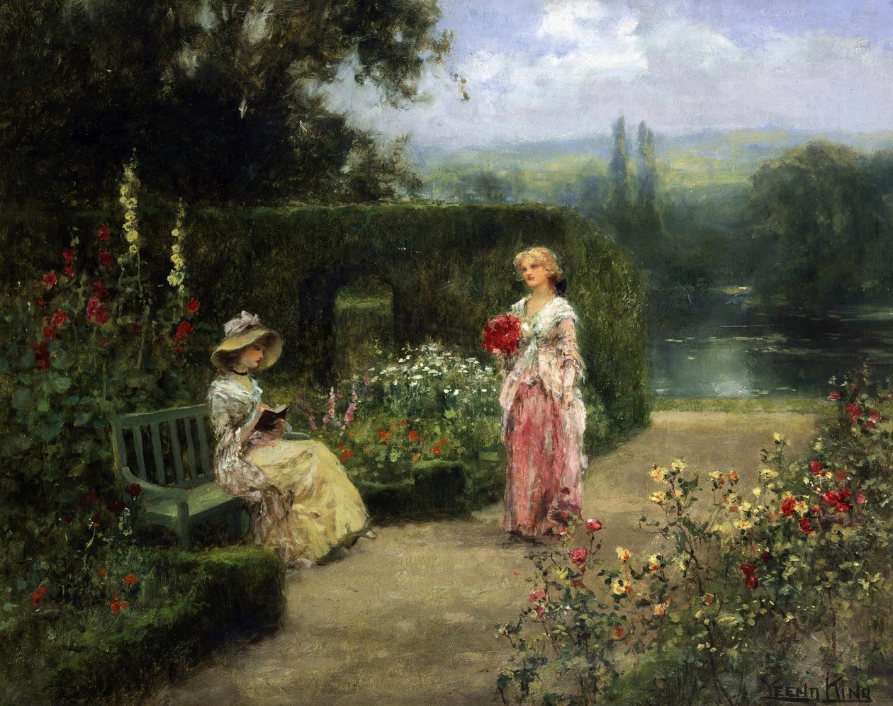 Nuoria naisia puutarhassa Englannin maaseudulla. Yeend Kingin (1855-1924) maalaus Yksityiskokoelma. tekijältä Henry John Yeend King