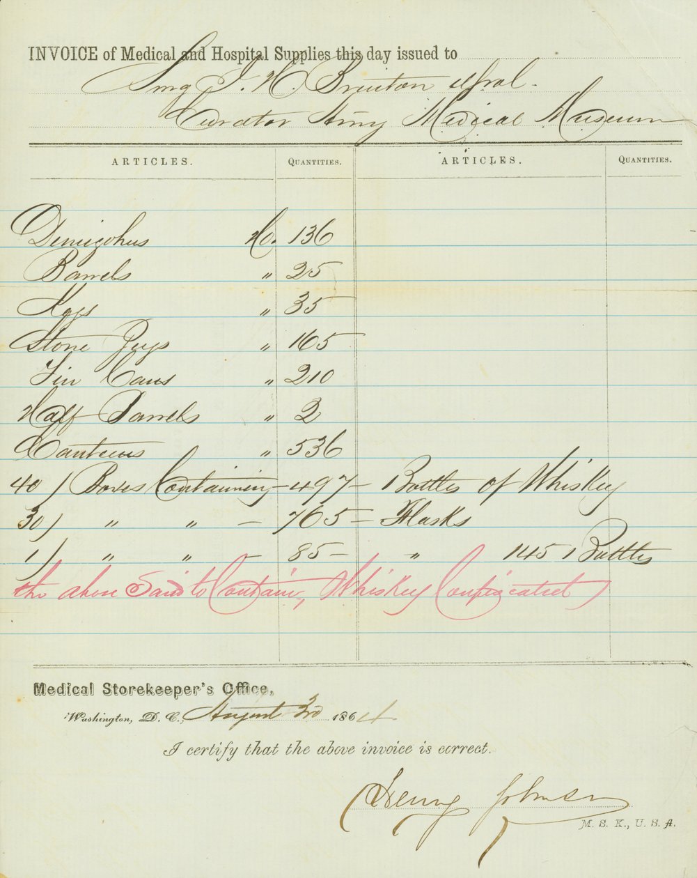 Lasku lääke- ja sairaalakaupoista, allekirjoitettu Henry Johnson, 30. elokuuta 1864 tekijältä Henry Johnson