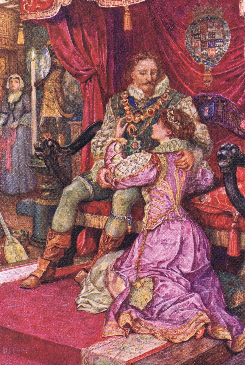 Amy tutkii Leicesterin jaarlin käskyjä, kuva Kenilworthista, n. 1910. tekijältä Henry Justice Ford