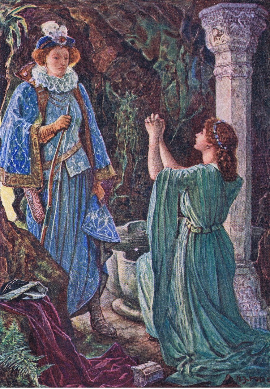 Elizabeth ja Amy tapaavat luolassa, kuvitus Kenilworthista, n. 1910 tekijältä Henry Justice Ford