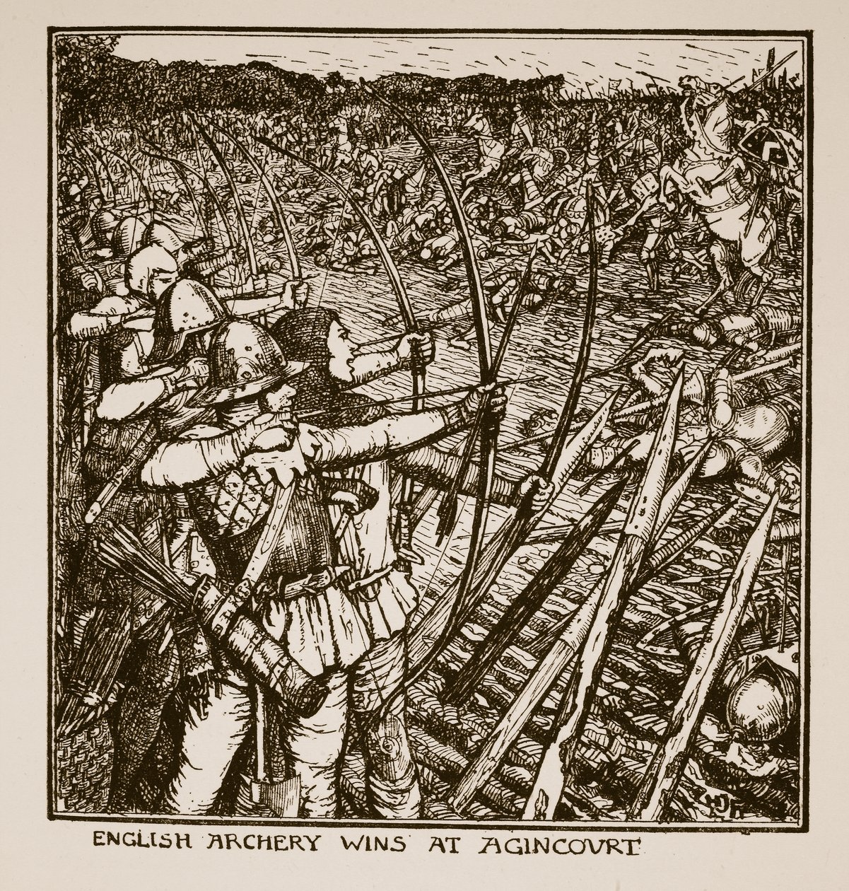 Englantilainen jousiammunta voittaa Agincourtissa, kuva C.R.L.:n Englannin historiasta. Fletcher ja Rudyard Kipling, 1911 tekijältä Henry Justice Ford