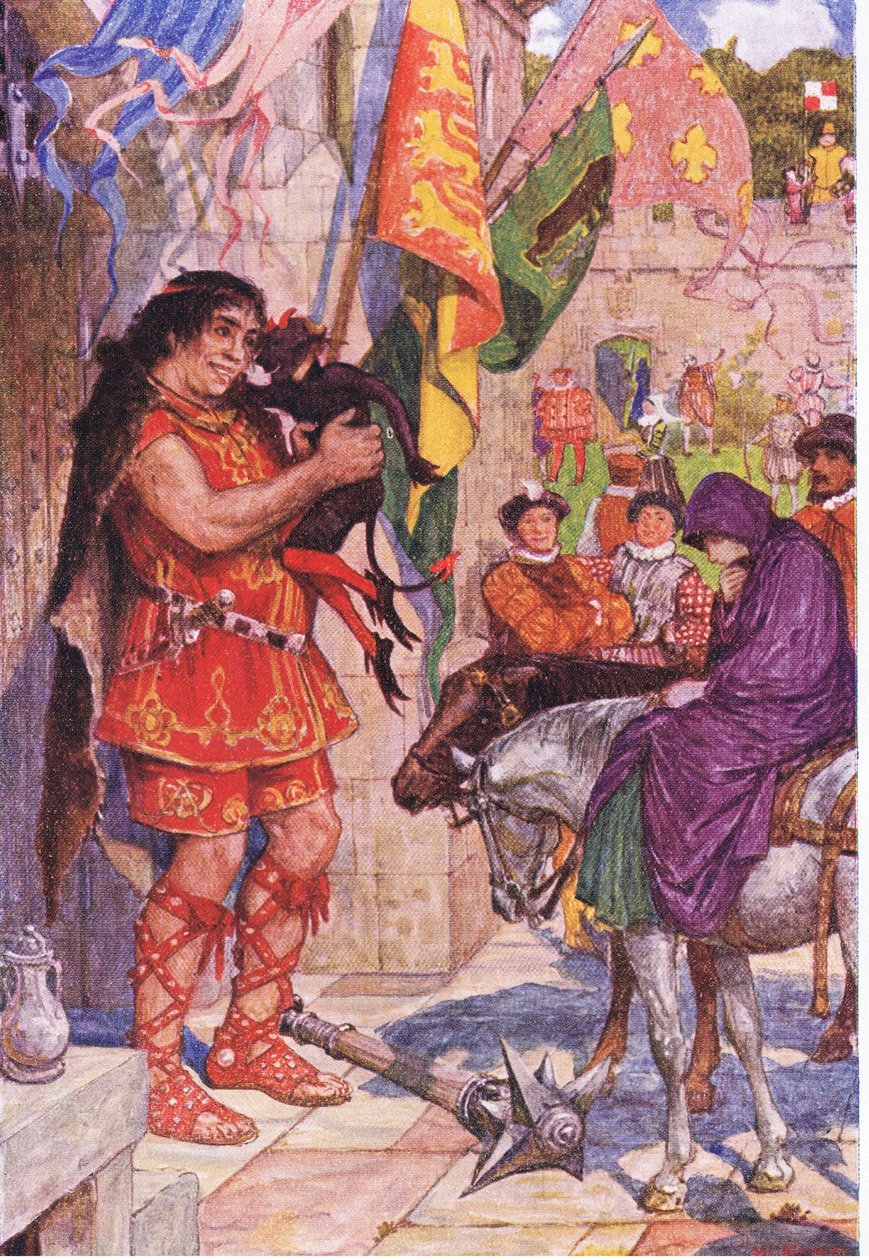 Paholaiseksi pukeutunut Flibbertigibbet rauhoittaa jättiläistä, kun Wayland tuo Amyn Kenilworthin linnaan, kuvitus Kenilworthista, n. 1910 tekijältä Henry Justice Ford