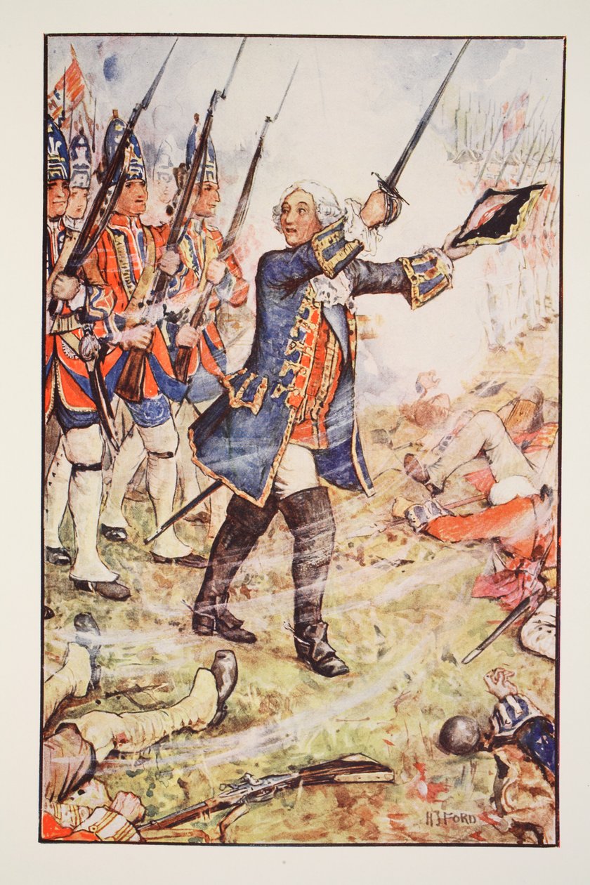 George II Dettingenissä, 1743, kuvitus Englannin historiasta, kirjoittaja C.R.L. Fletcher ja Rudyard Kipling, 1911 tekijältä Henry Justice Ford