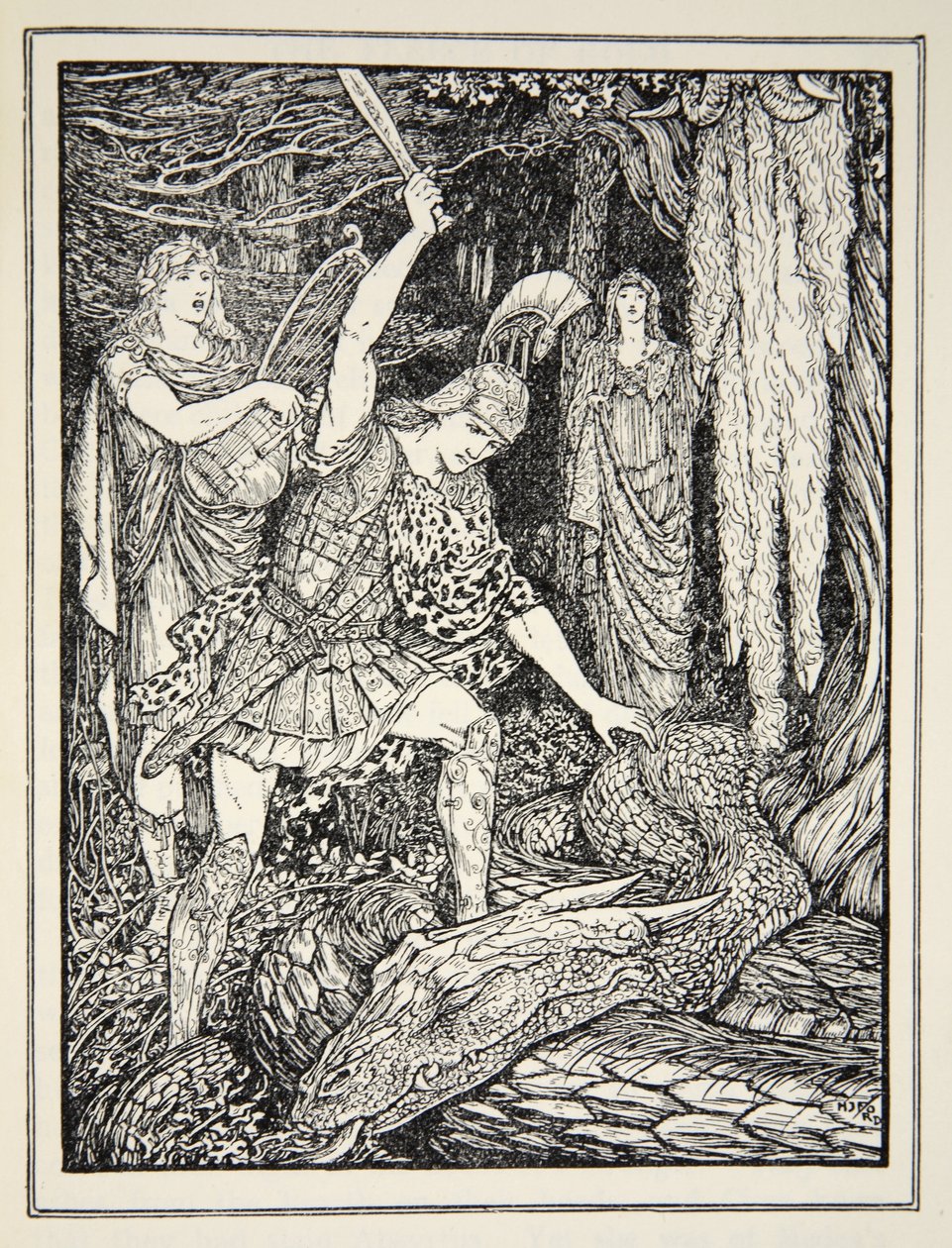 Kuinka kultavillasta vartioinut käärme tapettiin, Andrew Langin kirjasta Tales of the Greek Seas, 1926 (muste paperille) tekijältä Henry Justice Ford