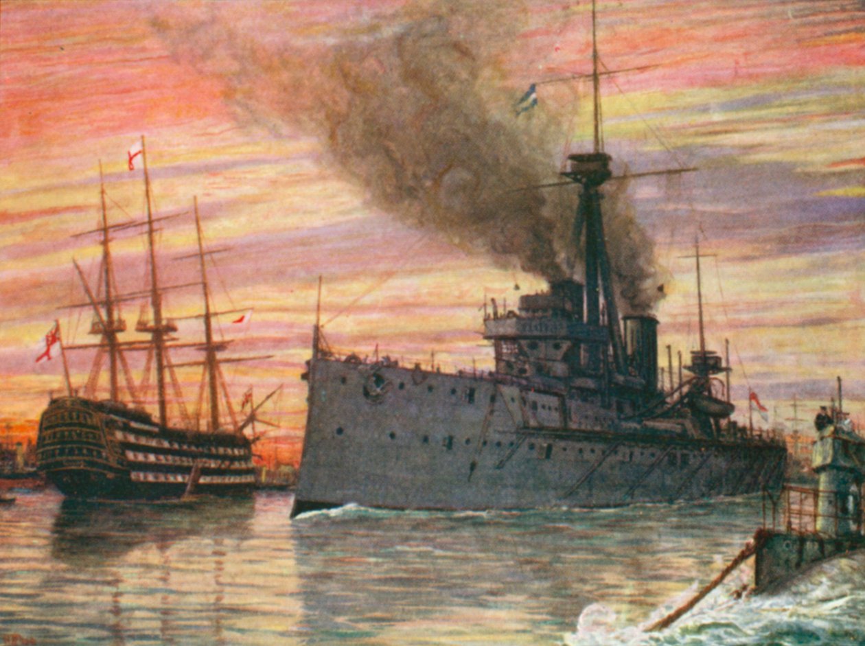 Dreadnought ja Victory Portsmouthin satamassa vuonna 1909 (värilitografia). tekijältä Henry Justice Ford