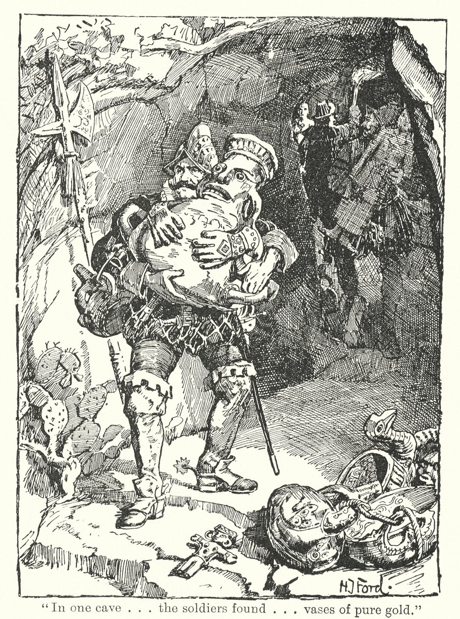 "Yhdessä luolassa. Sotilaat löysivät. maljakoita puhtaasta kullasta" (litografia) tekijältä Henry Justice Ford