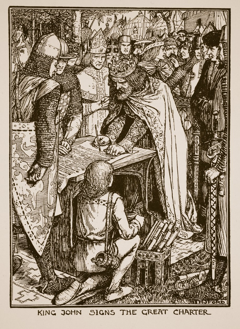 Kuningas Johannes laulaa suurta peruskirjaa, kuvitus C.R.L. Fletcherin ja Rudyard Kiplingin kirjoittamasta Englannin historiasta (A History of England), 1911. tekijältä Henry Justice Ford
