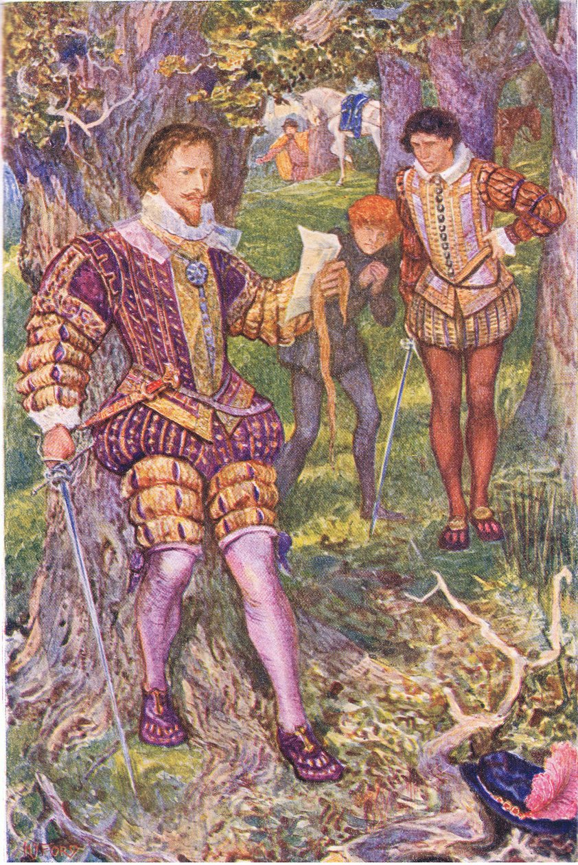 Leicester lukee Amyn kirjeen, kuvituksen Kenilworthista, n. 1910 tekijältä Henry Justice Ford