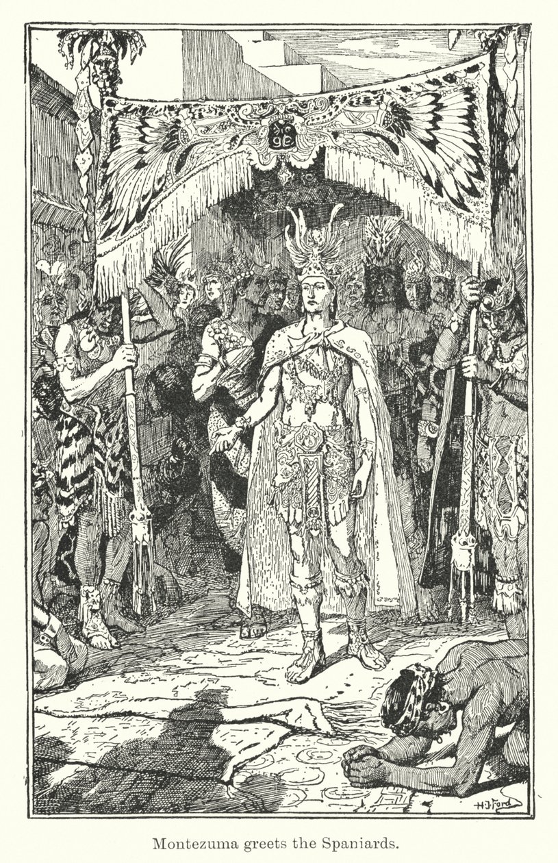 Montezuma tervehtii espanjalaisia (kaiverrus) tekijältä Henry Justice Ford