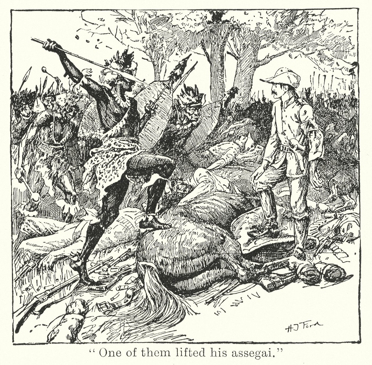 "Yksi heistä nosti hänen assegai" (litho) tekijältä Henry Justice Ford