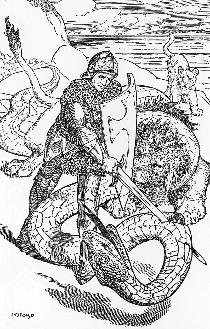 Percival fightint the serpent HJ Fordin (1860-1940) kuvitus teoksesta "The book of Romance" 1902 Yksityinen kokoelma tekijältä Henry Justice Ford