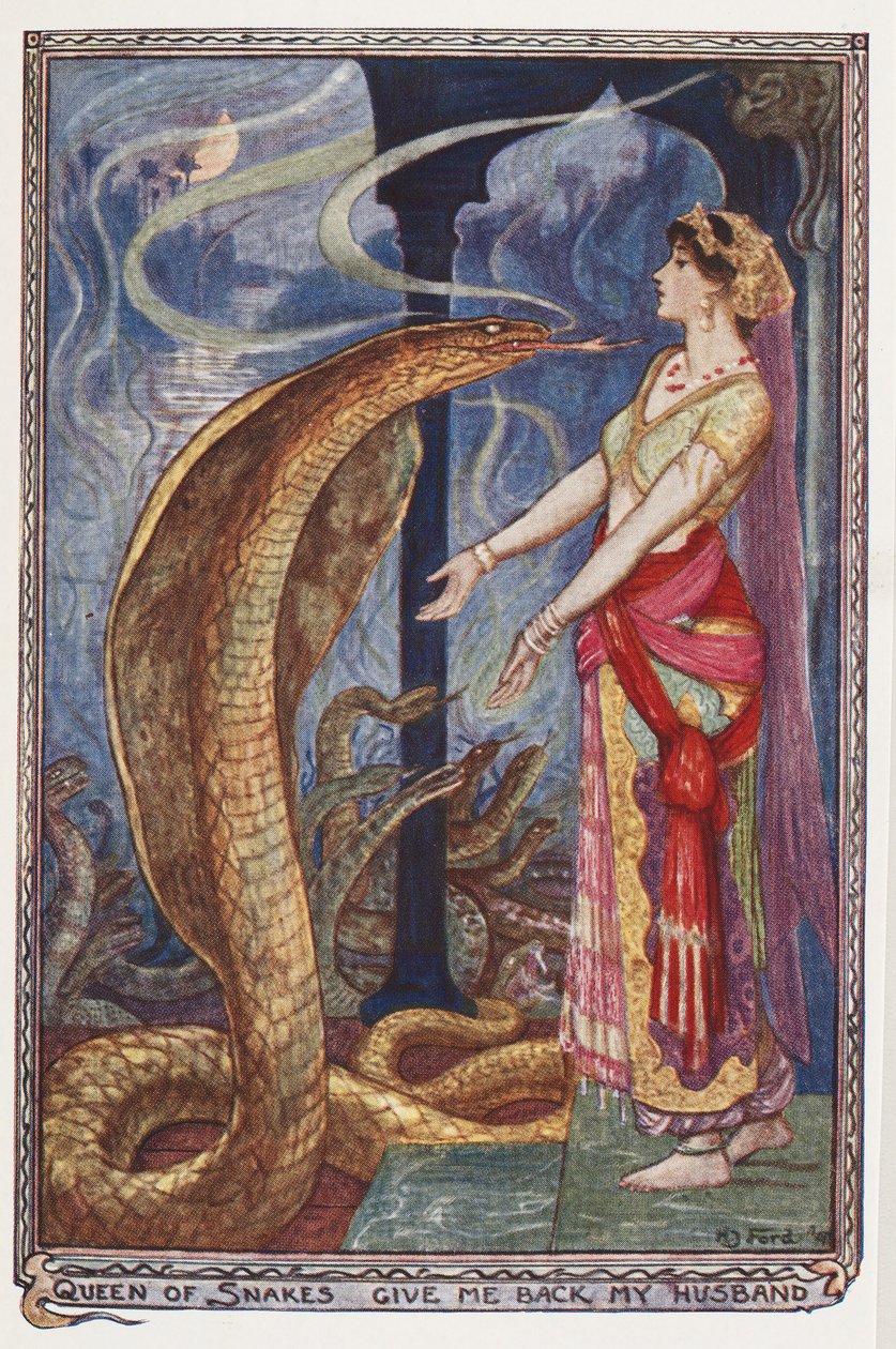 Käärmekuningatar, Anna mieheni takaisin, kuvitus teoksesta The Olive Fairy Book, Andrew Laing, 1907. tekijältä Henry Justice Ford