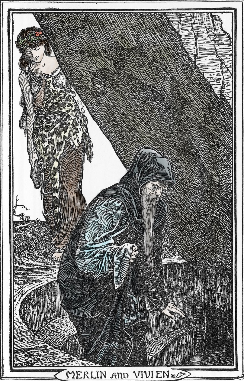 Merlin, Lumoaja ja Fee Vivianen (Merlin anc Vivien) esitys Henry Justice (HJ) Fordin (1860-1941) kuvituksesta "The book of romance" 1902 Collection privee tekijältä Henry Justice Ford